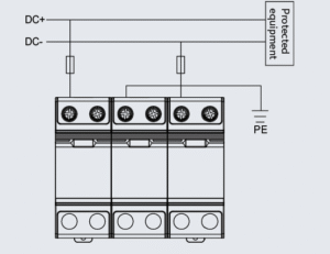 Wiring diagram of KY T1+T2 DC SPD surge protective device for 1000V and 1500V photovoltaic systems