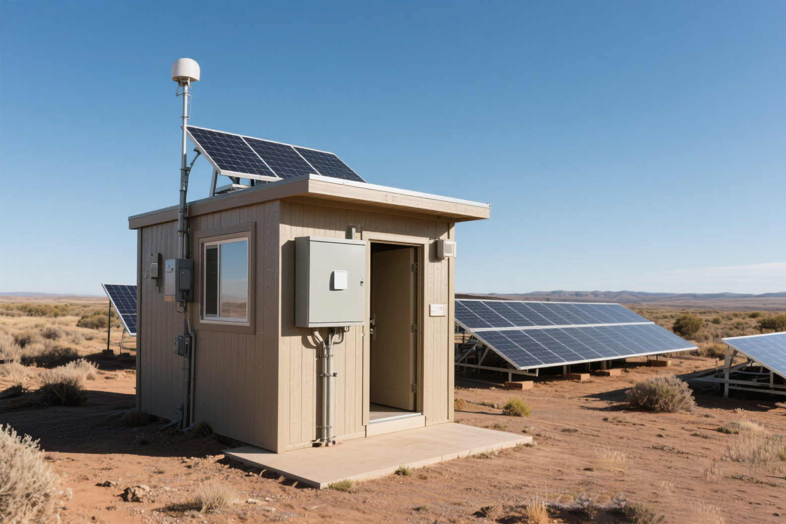 独立型太陽電池アレイとサービス小屋を備えた遠隔地マイクログリッド・サイト