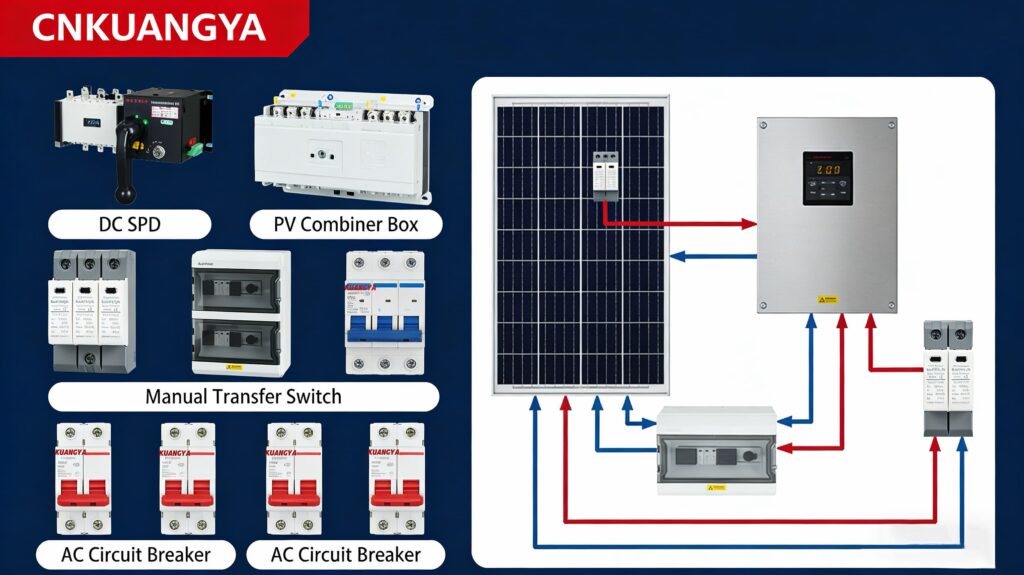 CNKUANGYA Middle East solar PV solutions, including DC SPD, PV Combiner Box, MCB, ATS, and integrated low-voltage distribution systems