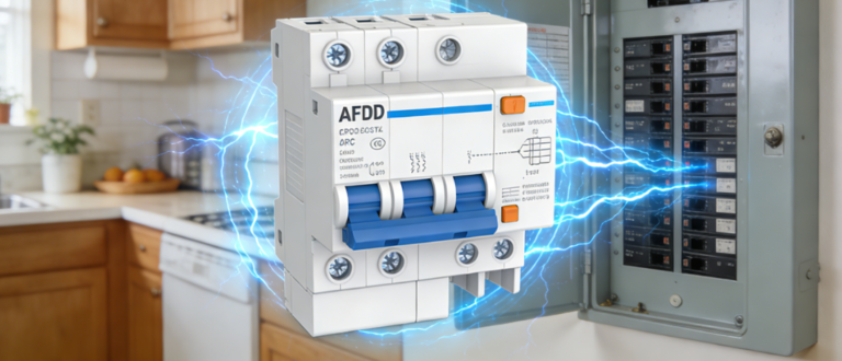 Residual current circuit breaker (RCCB) installed in home electrical distribution box, with blue arc effect showing electrical protection function, kitchen background visible