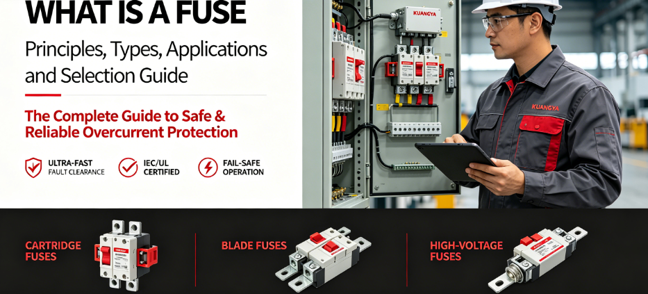 KUANGYA electrical fuse guide cover showing engineer inspecting industrial fuse panel with cartridge fuses