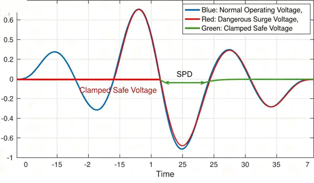 SPD working principle diagram showing voltage clamping