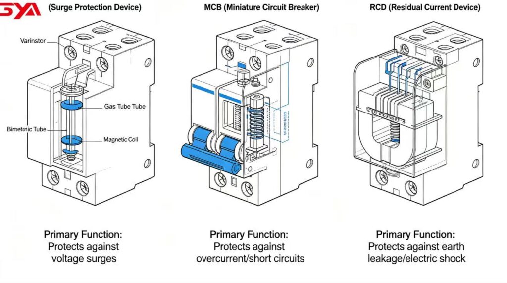  Comparison of SPD, MCB and RCD electrical protection devices