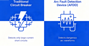 Arc fault protection device waveform analysis showing normal current vs dangerous arc fault patterns