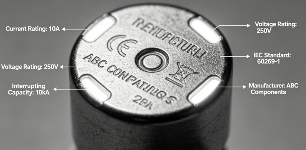 Close-up view of industrial cartridge fuse showing current, voltage and standard markings