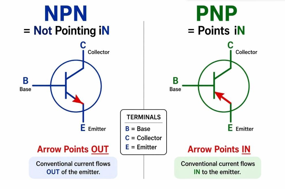 NPN vs PNP transistor symbol and current direction comparison diagram