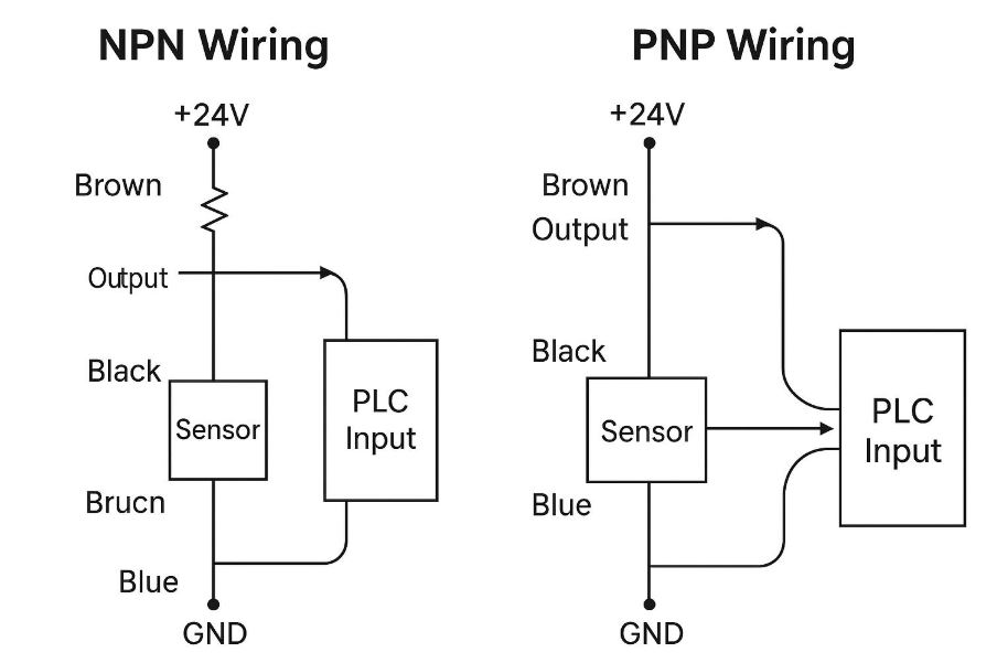 Wiring diagram of NPN and PNP proximity sensor connected to PLC input