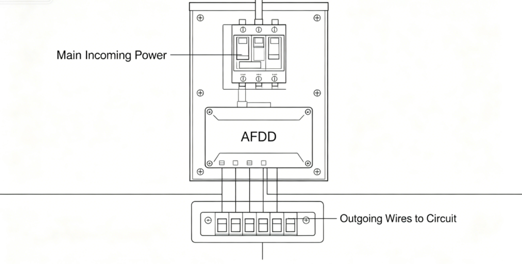 Diagram showing AFDD installation in a home electrical panel