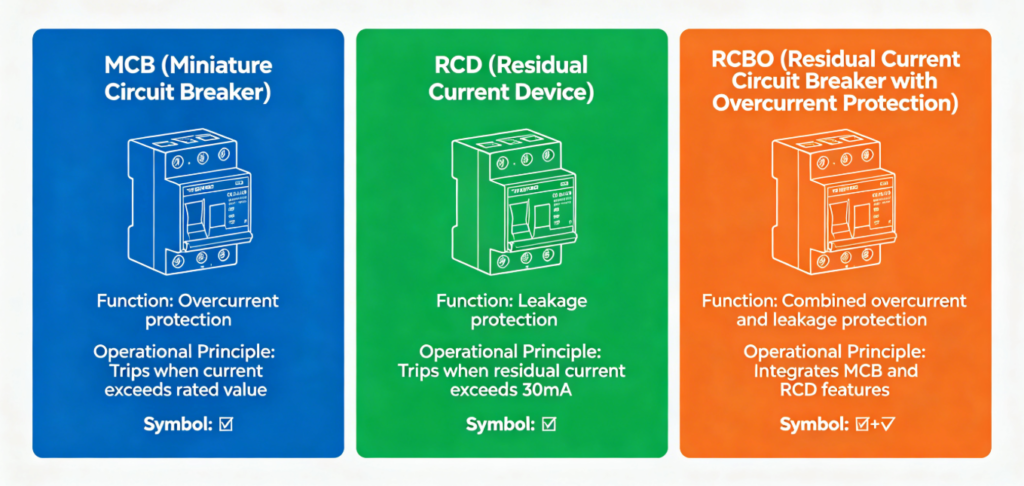 Comparison diagram of MCB, RCD and RCBO protection devices