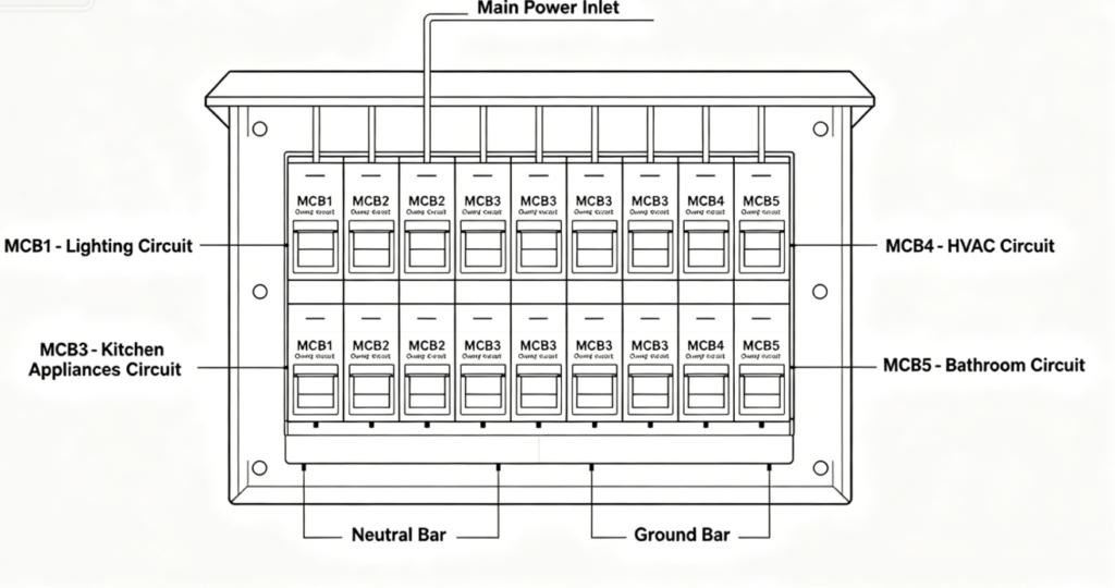 MCB installed in residential electrical distribution box with labeled circuits