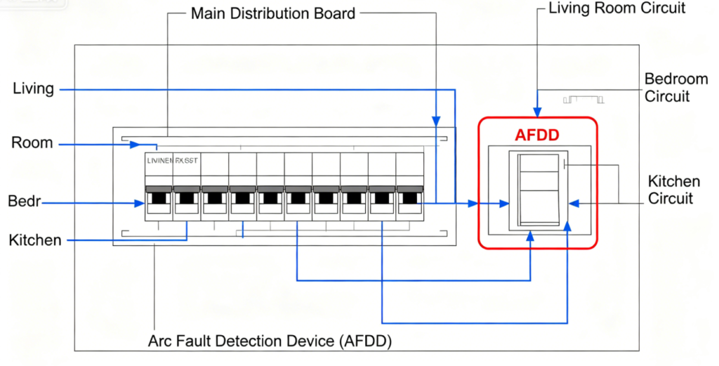 Diagram showing series, parallel and ground arc fault types in electrical wiring systems