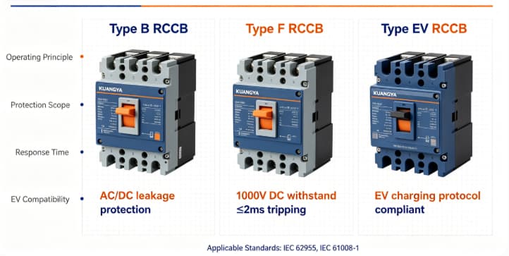 Comparison of Type B Type F and Type EV RCCBs for EV charging stations