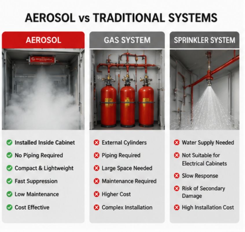 Comparison between aerosol fire suppression system and traditional gas system for electrical cabinet fire protection