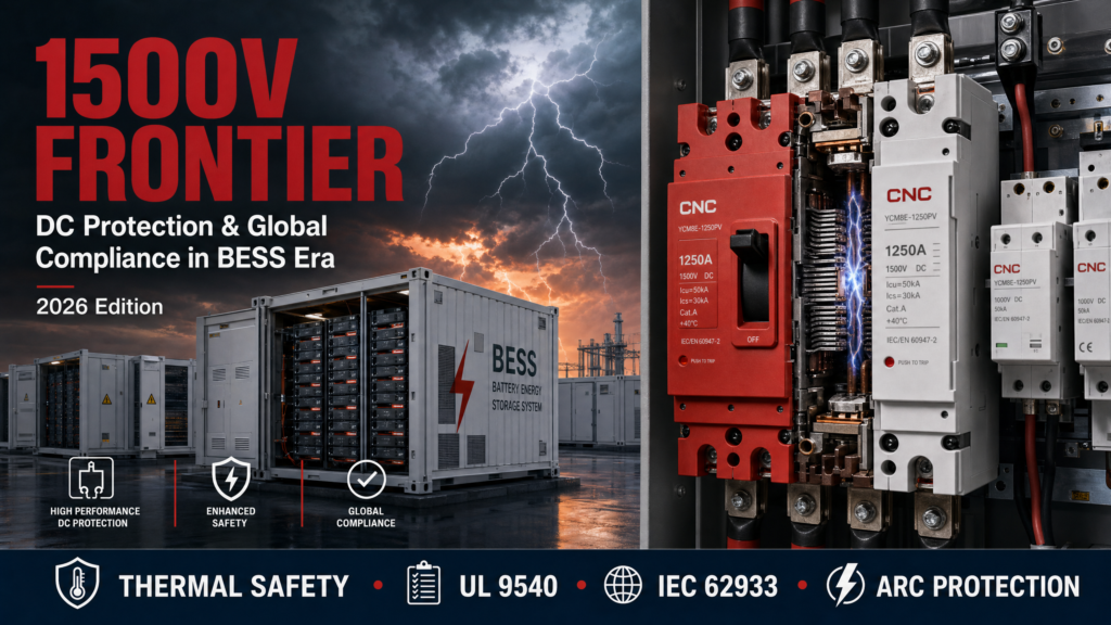 1500V BESS DC protection and global compliance cover showing circuit breakers and containerized energy storage systems