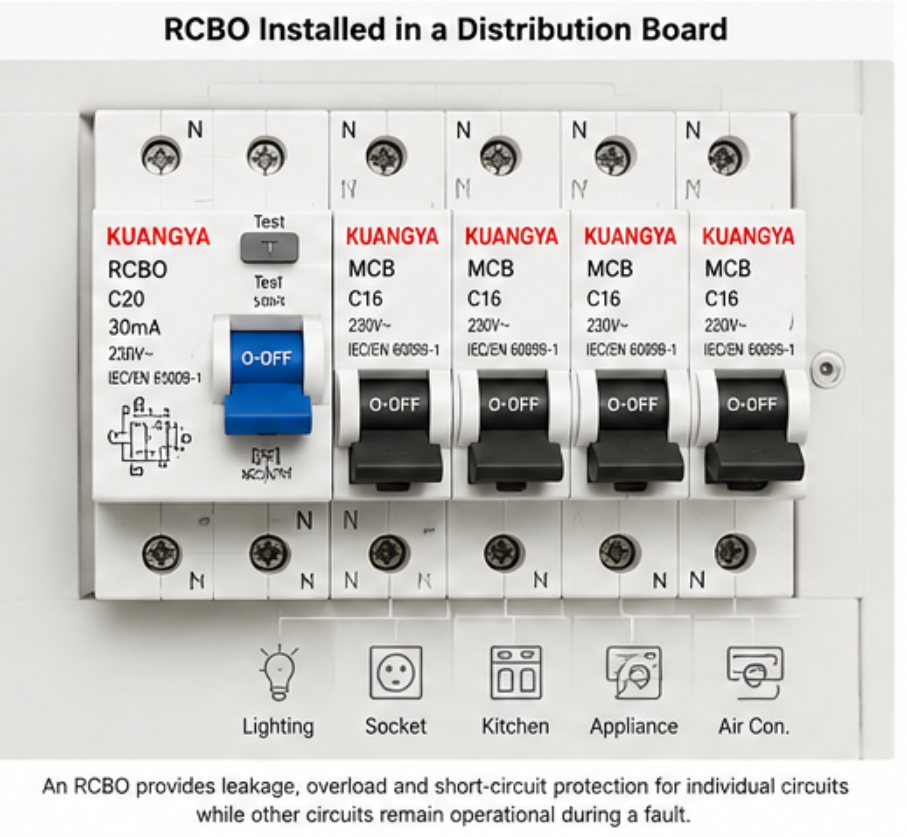 RCBO installed in a distribution board next to MCBs protecting lighting, socket, kitchen, and appliance circuits.