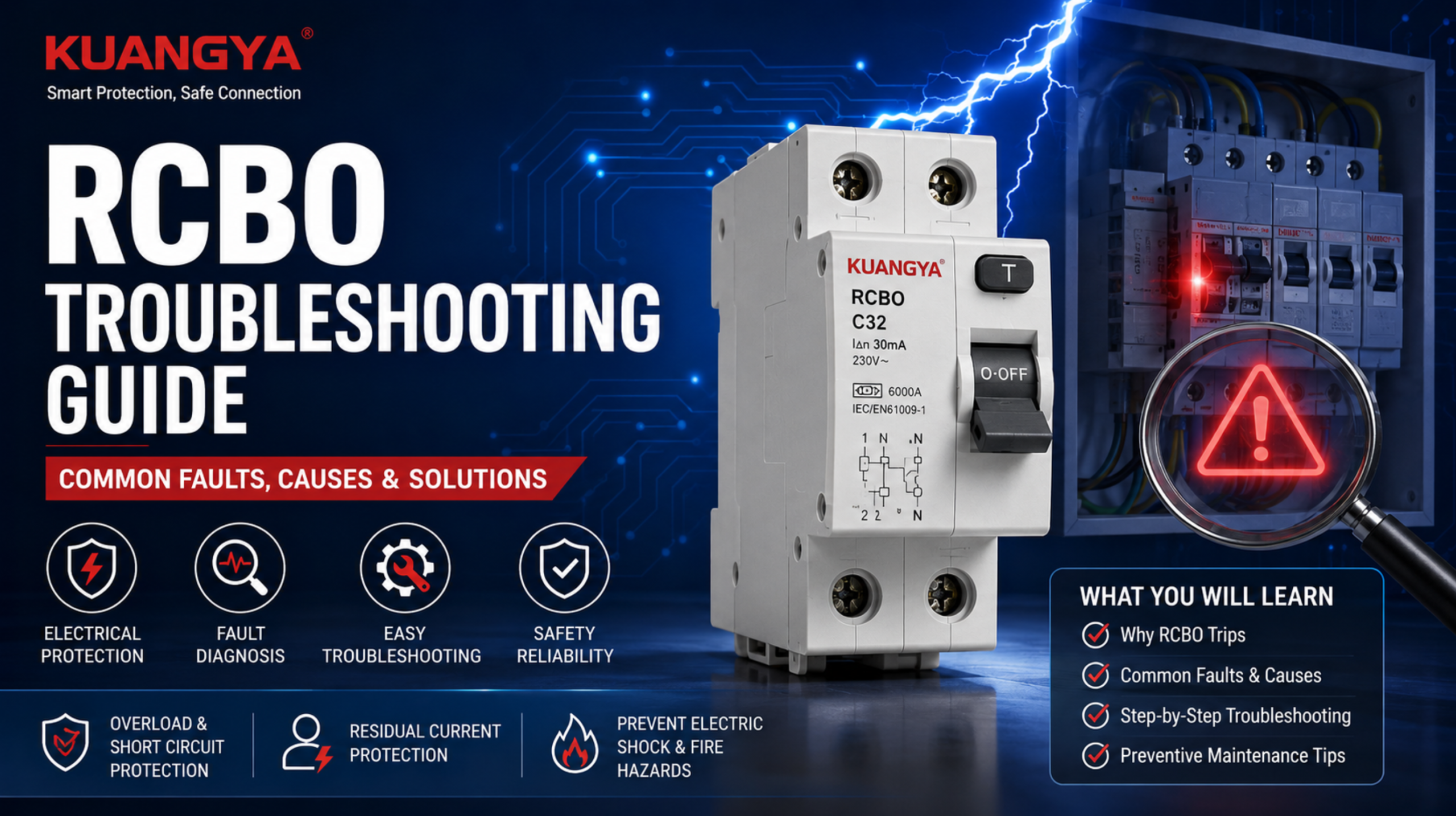 RCBO troubleshooting guide showing common electrical faults, fault diagnosis methods, residual current protection, and step-by-step troubleshooting solutions for RCBO devices.