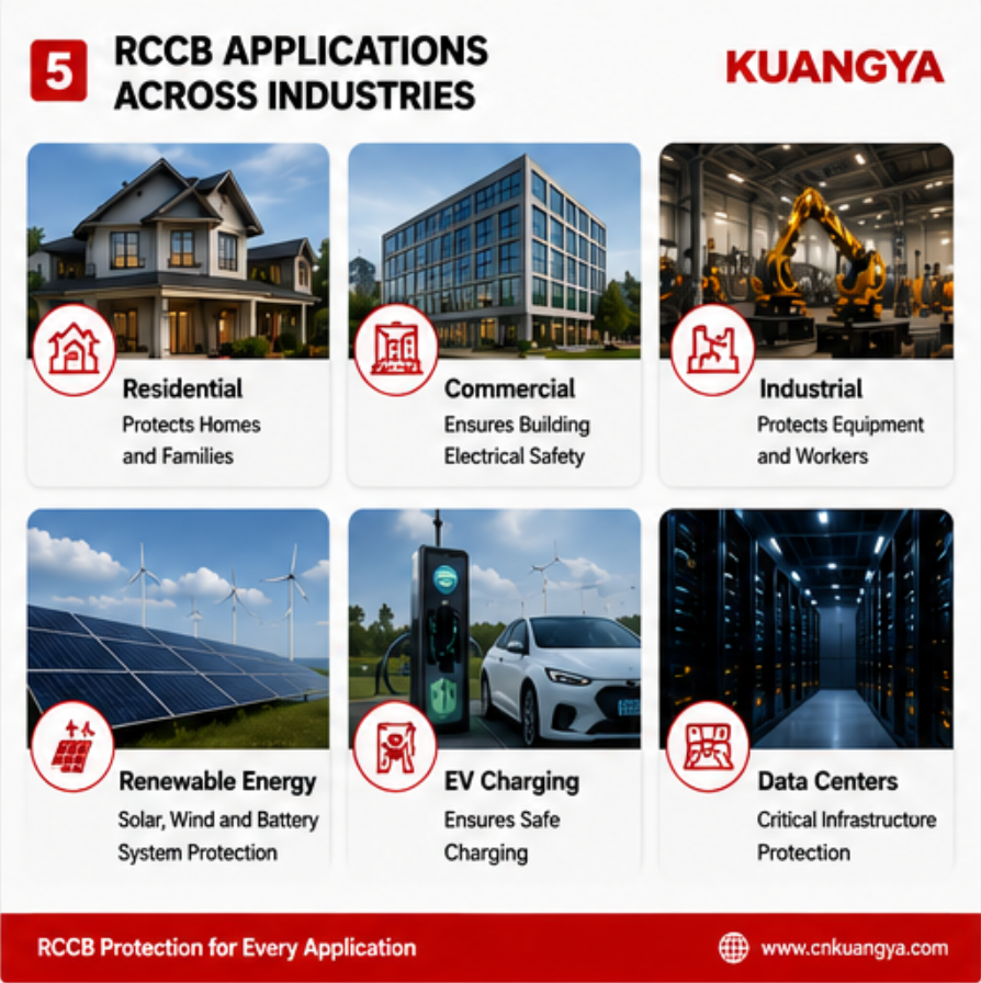 KUANGYA RCCB applications in residential commercial industrial solar and EV charging systems