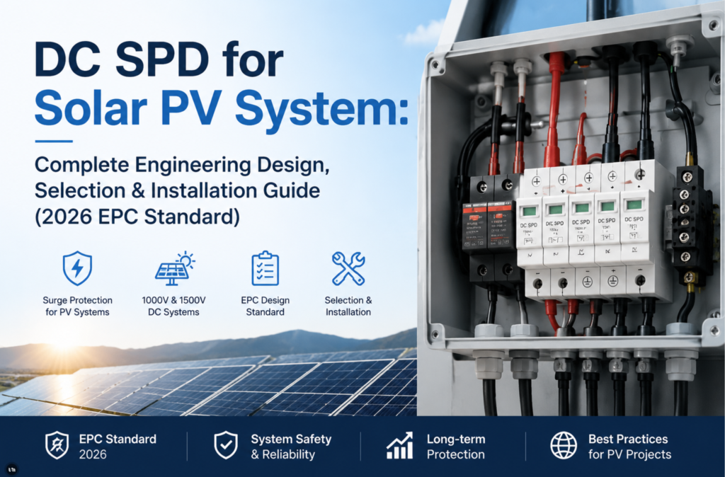 Guide de sélection et d'installation pour la conception technique des parafoudres CC pour systèmes solaires photovoltaïques, norme EPC 2026, image de couverture montrant un coffret de jonction solaire avec dispositifs de protection contre les surtensions