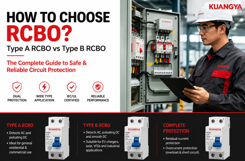 Infographic banner for “How to Choose RCBO” with Type A and Type B RCBOs, a KUANGYA technician inspecting a panel, and key protection features highlighted in red and white.