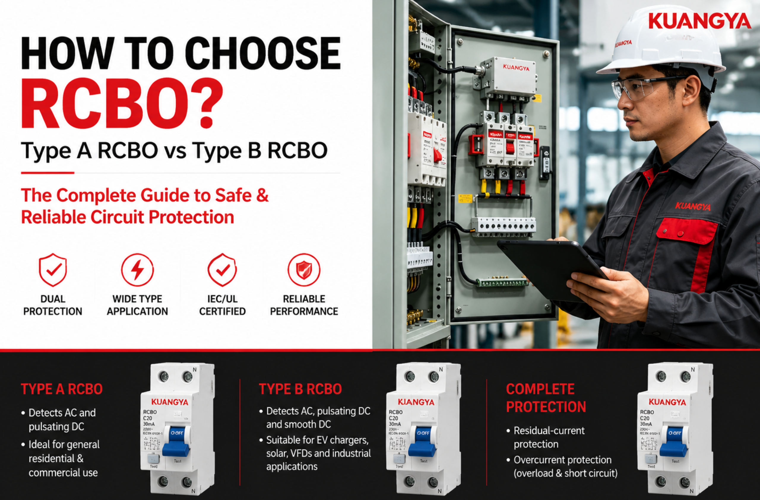Infographic banner for “How to Choose RCBO” with Type A and Type B RCBOs, a KUANGYA technician inspecting a panel, and key protection features highlighted in red and white.
