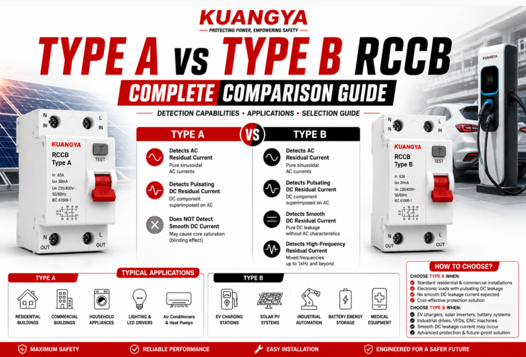 Type A vs Type B RCCB comparison infographic showing detection capabilities, applications, EV charging protection, solar PV systems, and electrical safety features.