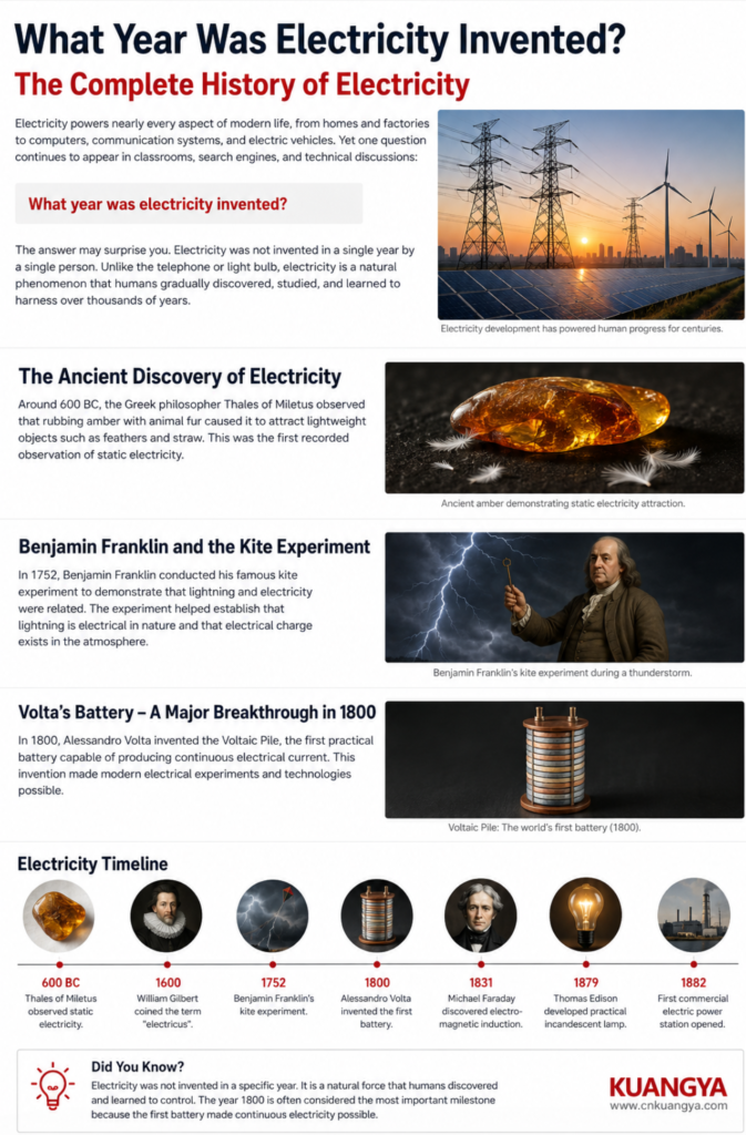 What year was electricity invented infographic showing the complete history of electricity from ancient static electricity discoveries to modern power generation systems.