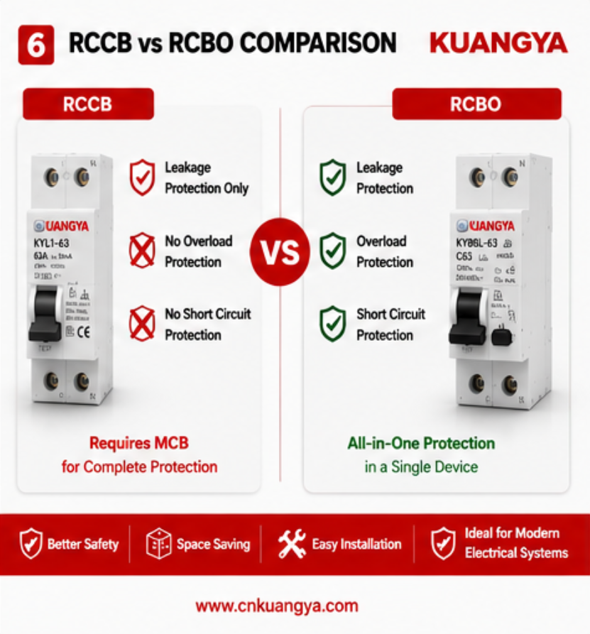 KUANGYA RCCB versus RCBO protection comparison infographic