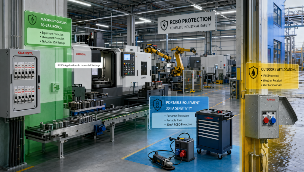 Industrial manufacturing facility showing RCBO protection zones for machinery circuits, portable equipment, and outdoor locations with Kuangya branding
High-performance RCBO for industrial panel with integrated overcurrent and leakage protection