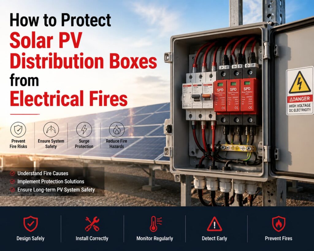 Caixa de distribuição solar fotovoltaica instalada em usina solar industrial mostrando o sistema de proteção contra incêndio elétrico