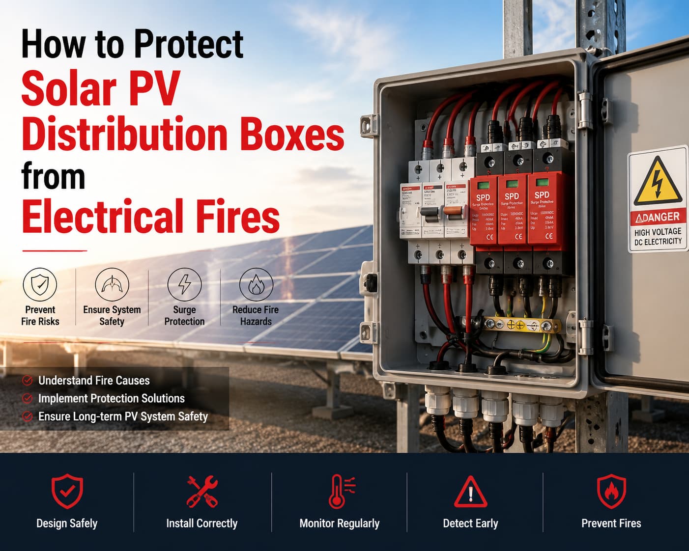 Solar PV distribution box installed in industrial solar power plant showing electrical fire protection system