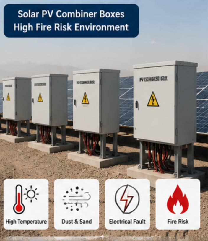 Solar PV combiner boxes in Middle East EPC solar power plant showing electrical fire risk environment