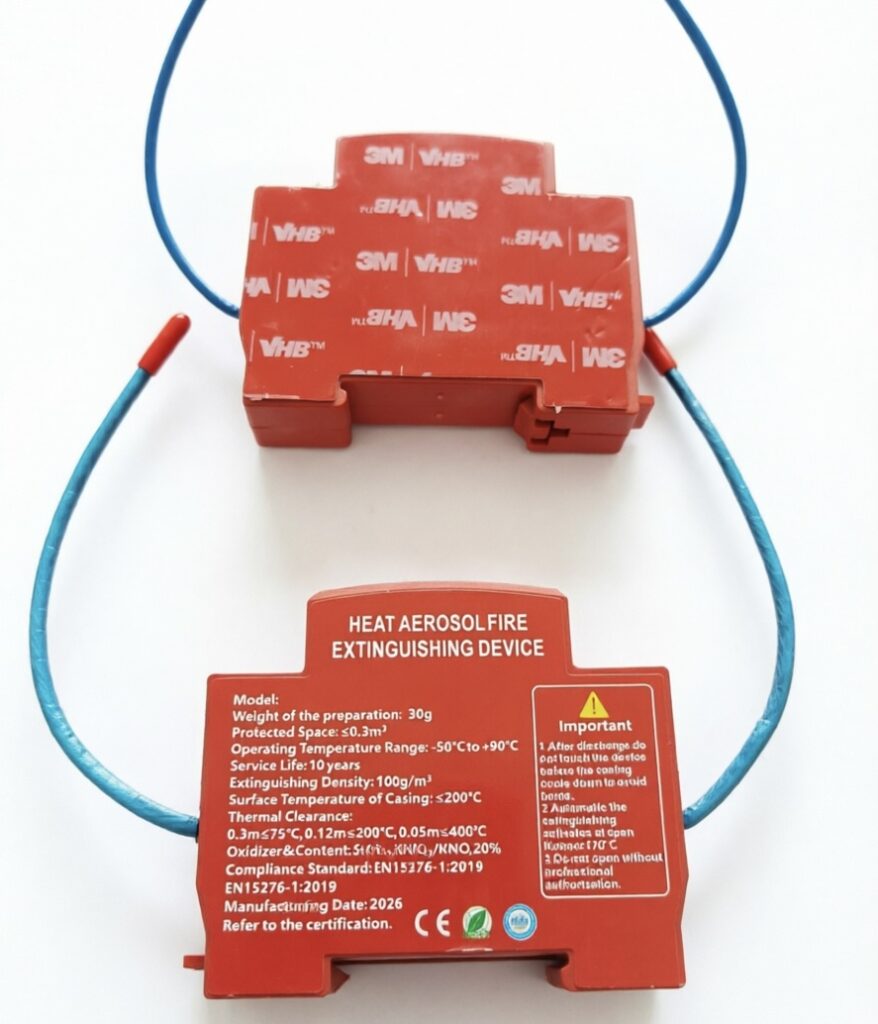 Dispositivo di estinzione incendi automatico per quadri elettrici - Vista frontale del sistema di soppressione incendi ad aerosol caldo da 30g