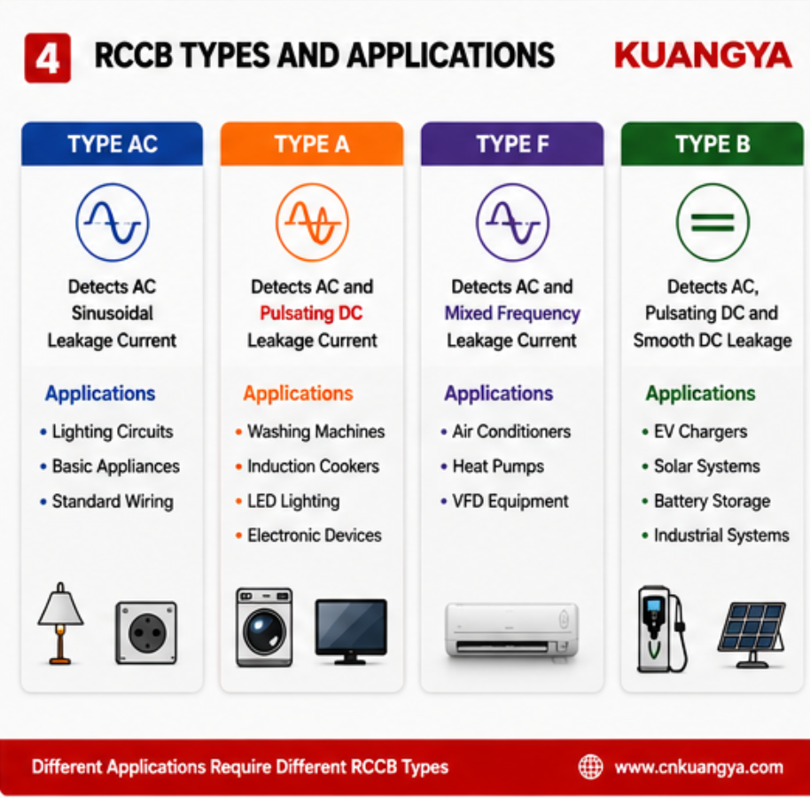 KUANGYA Type AC Type A Type F and Type B RCCB applications