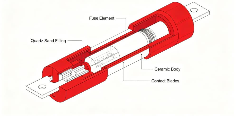 Internal structure of NH fuse with fuse element and quartz sand