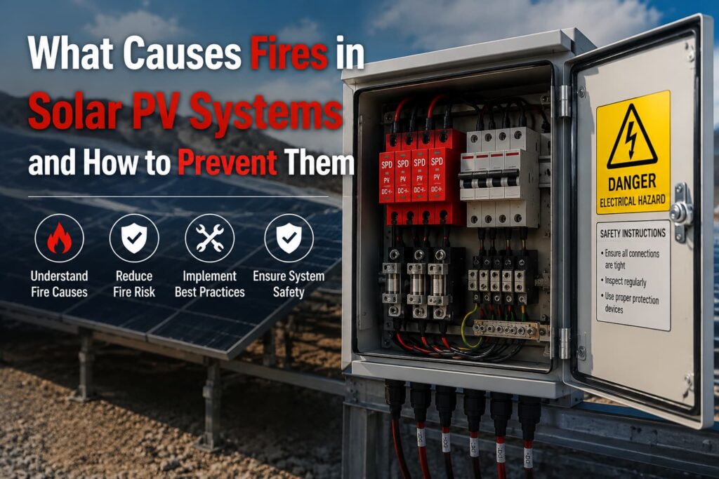 Solar PV distribution box in utility-scale solar plant showing electrical fire risk and protection systems