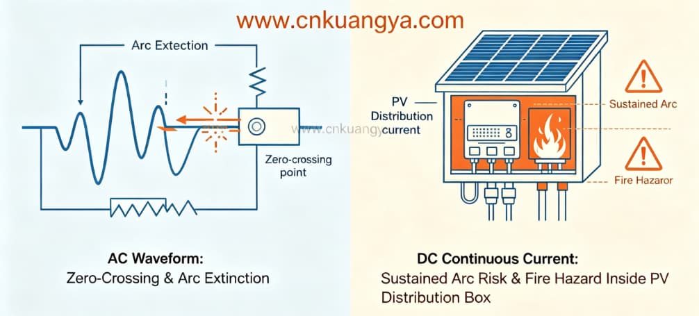 Comparison between AC and DC fault behavior showing higher fire risk in solar PV DC systems