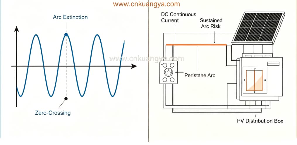 Comparison between AC and DC systems showing higher fire risk in solar PV DC systems