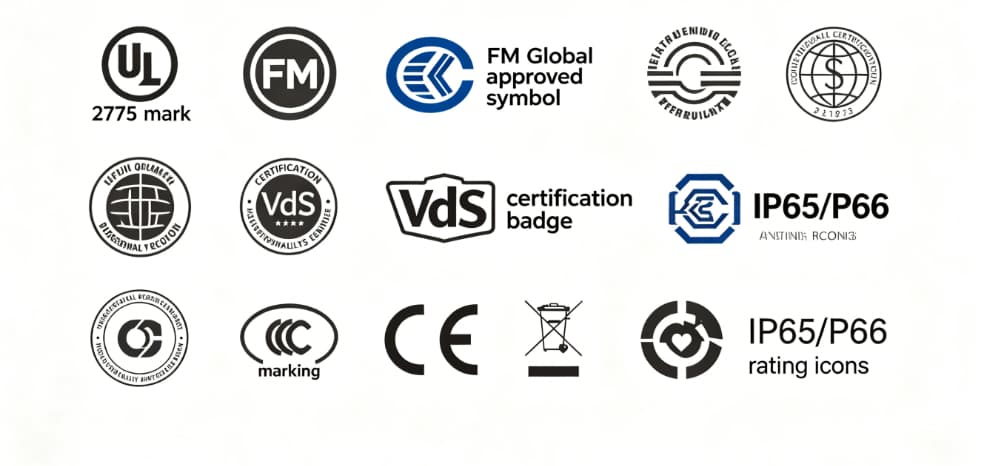 UL 2775, FM, VdS, and CE certification marks for aerosol fire suppression systems