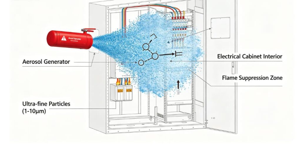 Thermal aerosol fire extinguisher working principle showing particle dispersion in electrical cabinet