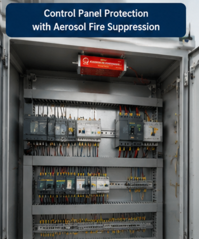 Electrical control panel with aerosol fire suppression system installed inside for industrial EPC project safety