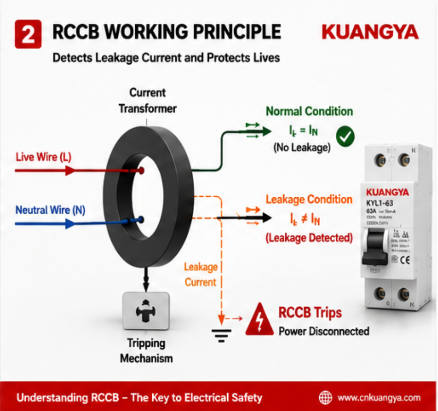 KUANGYA RCCB working principle showing leakage current detection and automatic tripping