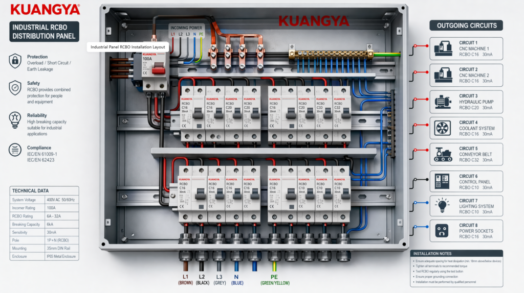 Industrial electrical panel installation diagram showing RCBO devices mounted on DIN rail with proper spacing and wiring layout, Kuangya branded
High-performance RCBO for industrial panel with integrated overcurrent and leakage protection