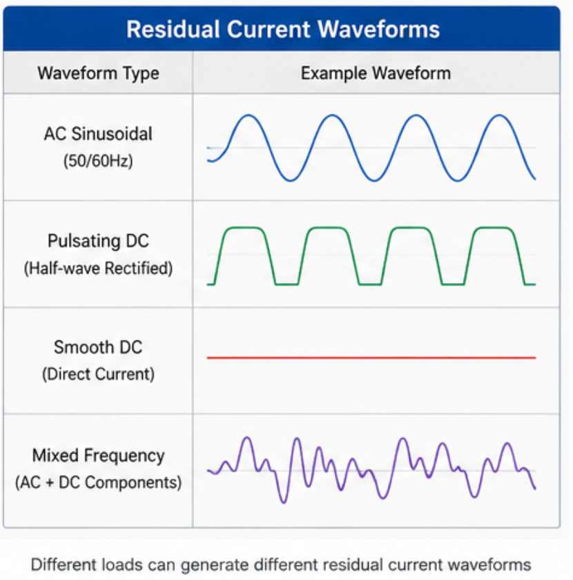 Comparison of AC, pulsating DC, smooth DC, and mixed-frequency residual current waveforms used in RCBO selection.