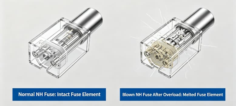 An overloaded NH fuse may melt and interrupt the circuit to protect electrical equipment.