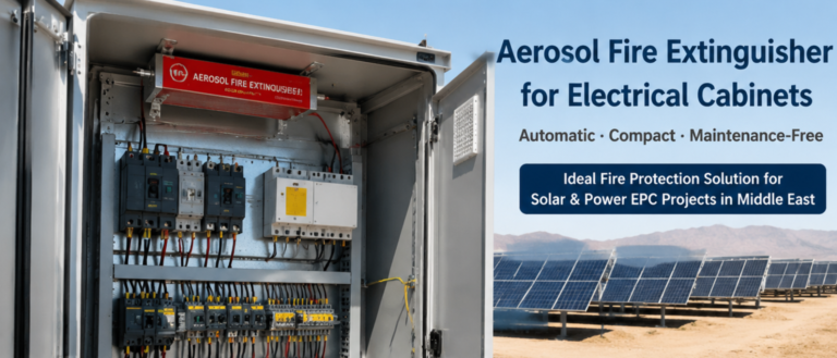 Extintor de incendios de aerosol instalado dentro de un gabinete eléctrico para el sistema de protección contra incendios de un proyecto EPC solar en Oriente Medio