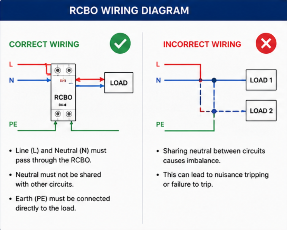 RCBO wiring diagram comparing correct wiring practices with incorrect neutral sharing and improper electrical connections.