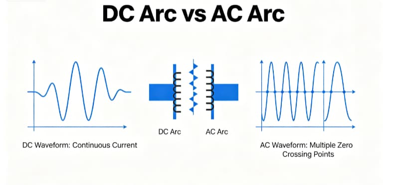 DC Arc vs AC Arc waveform and arc interruption comparison