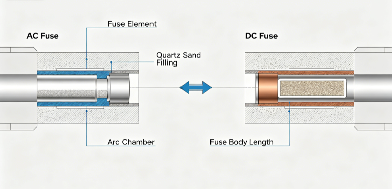 Internal construction comparison of DC fuse and AC fuse