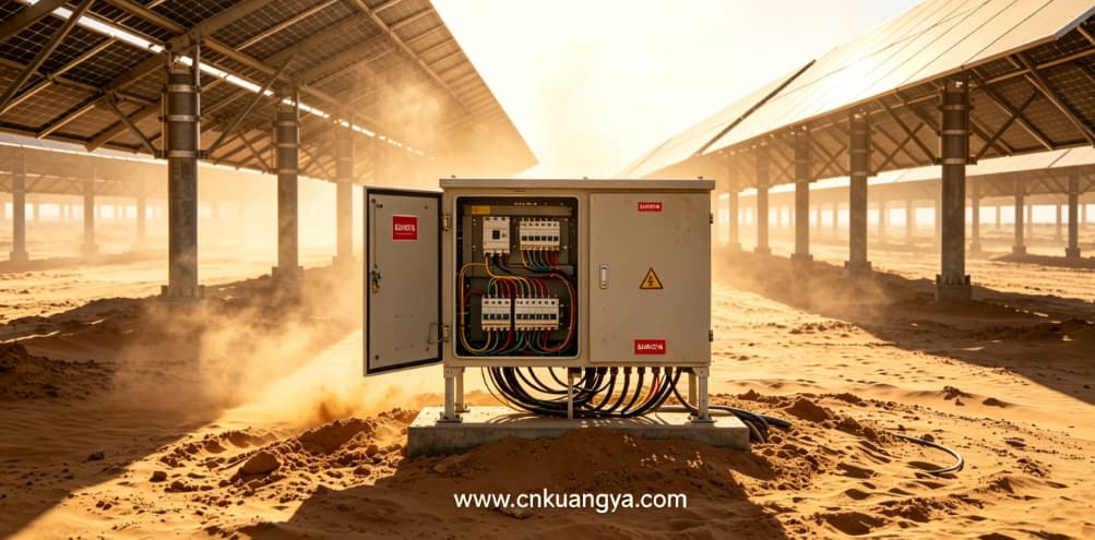 Solar combiner box installation in desert photovoltaic power plant environment