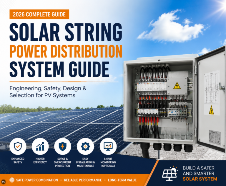 Solar string power distribution system guide 2026 showing PV combiner box with DC protection, surge protection device, and solar photovoltaic panel field background